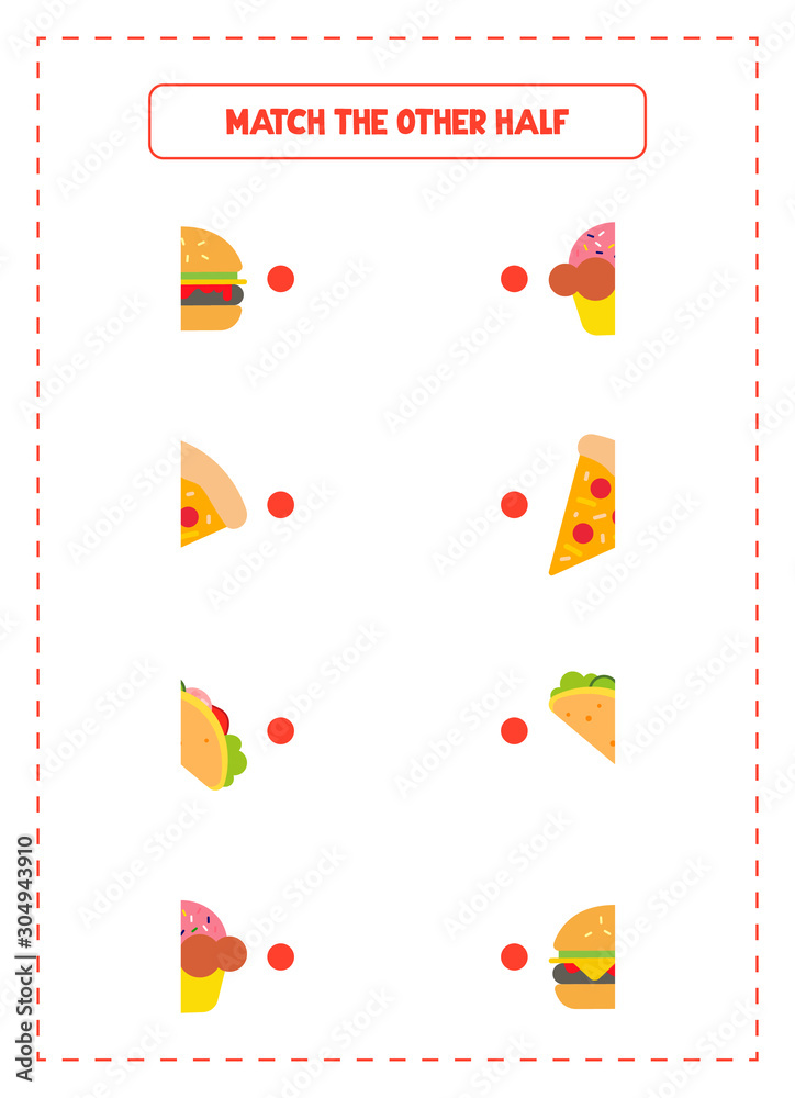 Match The Other Half Game Educational Exercises For Kids Worksheets For Practicing Motor Skills Of Children Useful Games For Preschool And Kindergarten Stock Illustration Adobe Stock