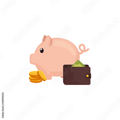 piggy bank with coins and wallet vector illustration design