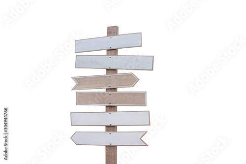Brown and white wooden arrow sign isolated on white background for decoration the cafe and restaurant place is outdoor.