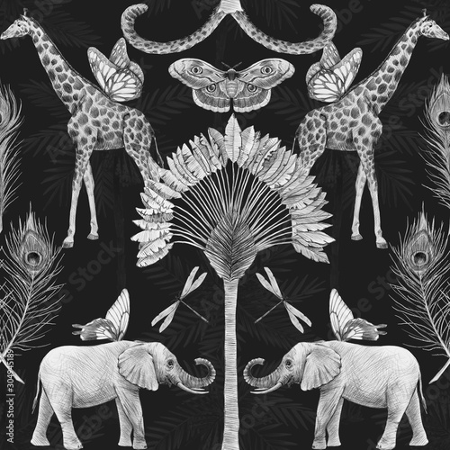 Fototapeta Naklejka Na Ścianę i Meble -  Beautiful african safari animal tropical seamless pattern. Trendy style. Print with elephants and giraffe. Dark background,