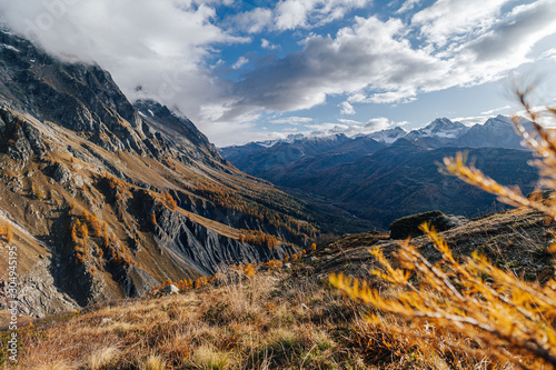 Fantastic autumn mountain landscape. Late fall in the mountians. Yellow grass, meadows and high peaks covered with snow. Autumn in Chamonix and Courmayer area, Mont Blanc, Alps. Beautiful autumn day. photo