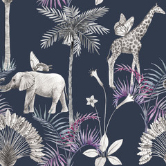 Sierkussen Tropische print patronen Tropisch safari patroon donkere achtergrond  © Zenina-Lembrik
