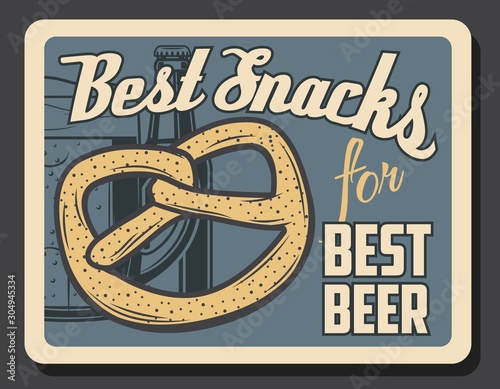Beer and pretzel snack, Oktoberfest beer festival and brewery pub and bar vintage retro poster. Vector German bread bagel pretzel, beer pint mug and bottle, traditional beer brewing festival