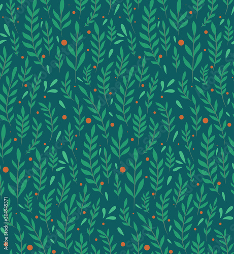 Seamless flat pattern with branches, leaves and berries on a dark green background. Natural simple floral backdrop. Natural tapestry wallpaper. Vector texture for fabric, pattern and your creativity.