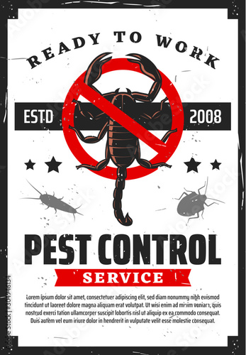 Pest control service, insects extermination and professional home disinsection vintage retro poster. Vector scorpions, woodlouse multipeds and parasite bugs pest control fumigation and disinsection