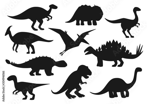 Dinosaurs icons  Jurassic park dino monsters silhouettes. Vector isolate t-rex tyrannosaurus  brontosaurus and triceraptors  velociraptor and pterodactyl  spinosaurus lizard and stegosaur