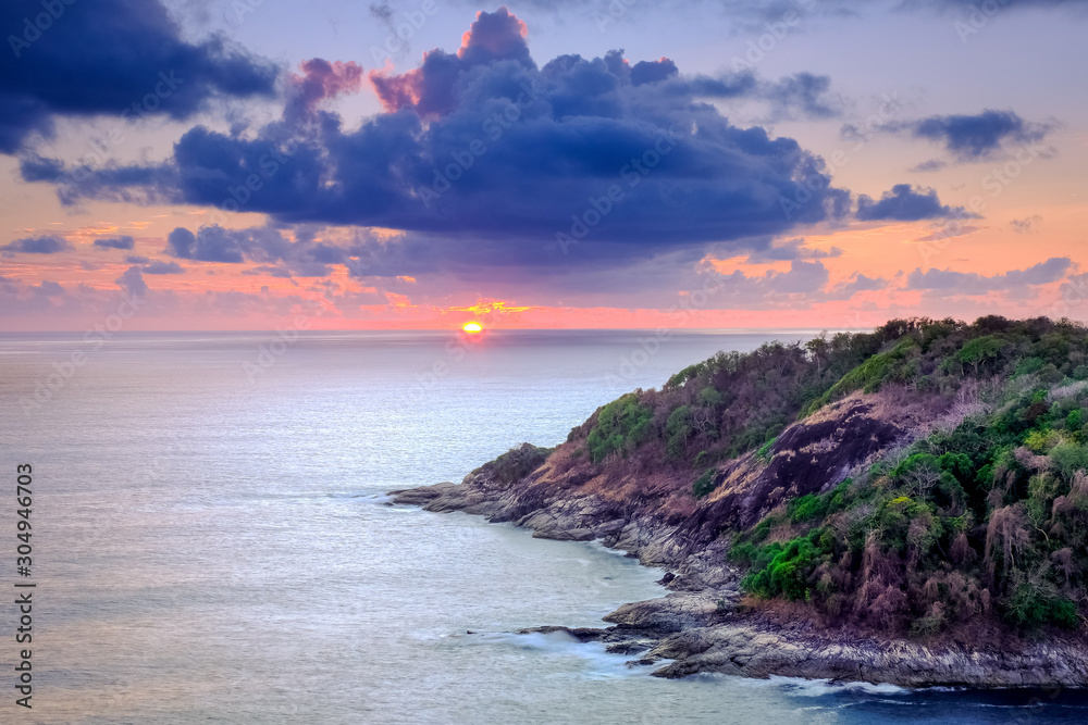 Mountai view with sunset at Phromthep cape viewpoint Phuket province in Thailand.