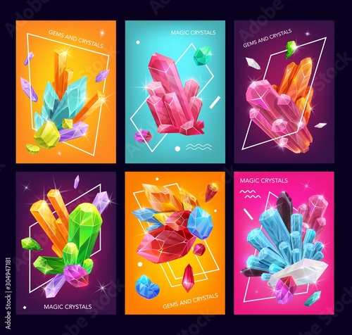 Crystals, gems and gemstones vector design. Rock and stone of mineral crystals, quartz, diamond and pink amethyst, salt, brilliant and sapphire, precious jewels with sparks and geometric shapes