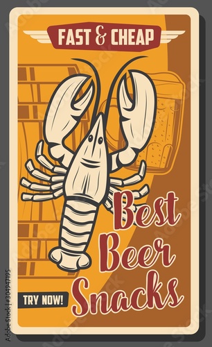 Beer bar fast food menu retro vintage poster, crayfish snacks. Vector Oktoberfest beer festival and brewery pub advertisement, pint mug and wooden barrel, traditional beer brewing festival