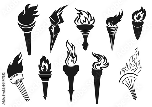 Fire torch icons, sport game championship, football soccer tournament victory and liberty symbol. Vector ancient Medieval Greek and modern light torch stick with burning flame