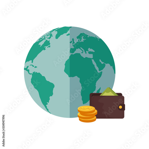 wallet with coins and planet earth vector illustration design