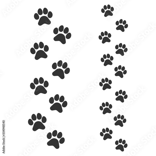 Paw footprints of dog or cat, parent and cub, adult and child. Animal tracks. Cute children, baby background, print on textile, fabric, wallpaper. Vector illustration on white background