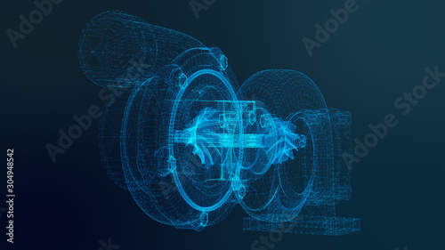 Turbine. Parts for cars background. Power gain impeller. 3d rendering.