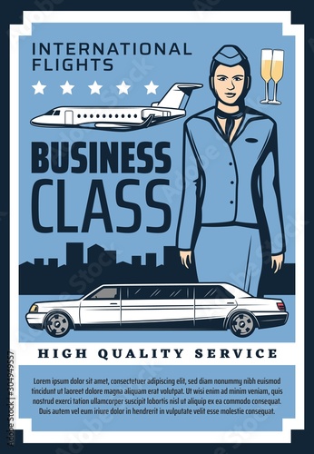 Business class international flights premium quality service vintage retro poster. Vector private jet and business airplane, premium limousine car, civil aviation school pilot and flight attendant