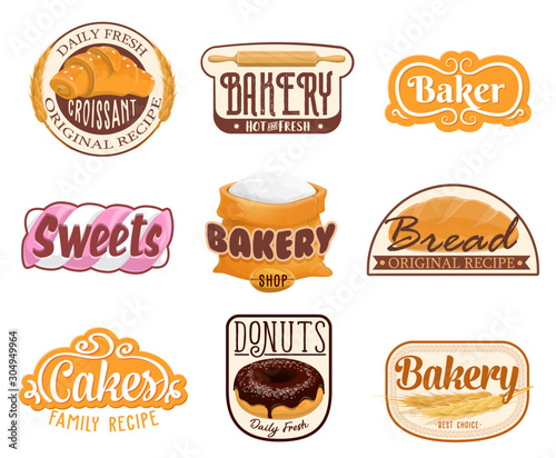 Bakery shop and patisserie or pastry store icons. Vector baked food products and sweet desserts shop signs, croissant, dough rolling pin and flour bag, wheat bagel and chocolate donut