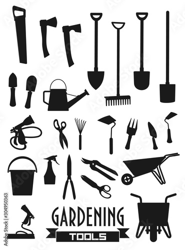 Garden tools icons, shovel rake and farm fork, gardener equipment. Vector gardening trowel, scissors and watering can, pitchfork and wheelbarrow, axe and hoe or spade, saw and plant secateurs