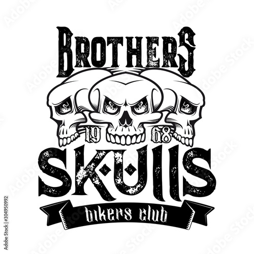 Biker club emblem, motorcycle racers and motorbike racing icons. Vector brother skulls vintage grunge sign with ribbon banner for motorbike club tattoo and bikers gang patch badge