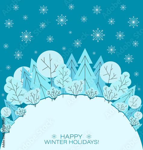 Christmas background. Winter forest. Fairy tale winter landscape.  Snow in winter forest, pine trees and snowflakes on semicircle of the earth. There is a place for text. Greeting card template.