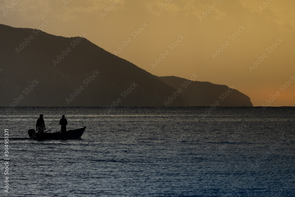 Morning seascape with mountains and fisherman boat Morning seascape with mountains and fisherman boat