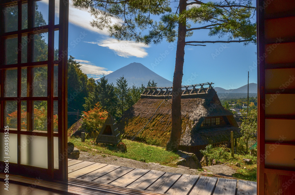 old traditional japanese house with Mount Fuji 
