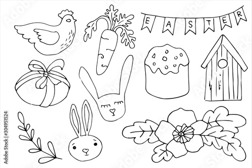 Easter traditional symbols collection - egg, bunny, willow twigs, flower, Christian church, egg decorating. Vector drawings set isolated on white background.