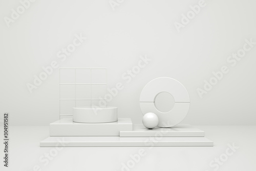 3D rendering of the white geometric background. Geometric shapes in modern minimal design. Minimalistic mock up for promotion  cosmetic background  product show.