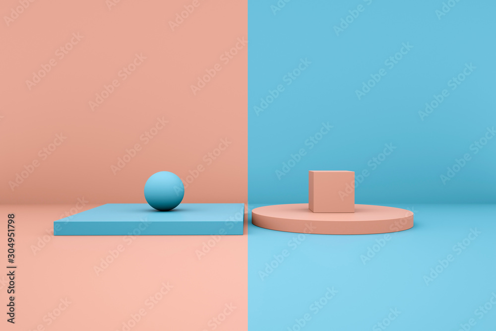 Creative layout made of Pink ball, blue cubes and geometric platform background, 3d rendering.