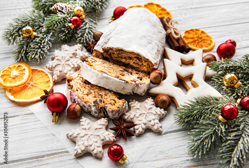 Christmas stollen on wooden background