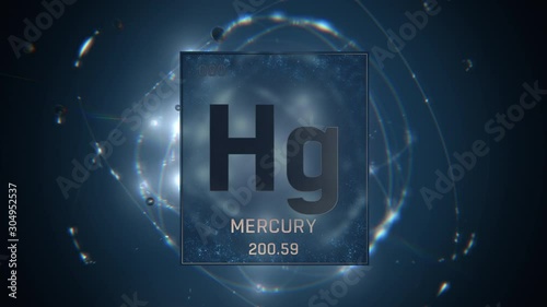Mercury as Element 80 of the Periodic Table. Seamlessly looping 3D animation on blue illuminated atom design background with orbiting electrons. Design shows name, atomic weight and element number photo