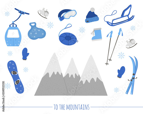 Vector set with objects for active winter. Cold season sport equipment set. Collection of items for spending holidays in mountains. .