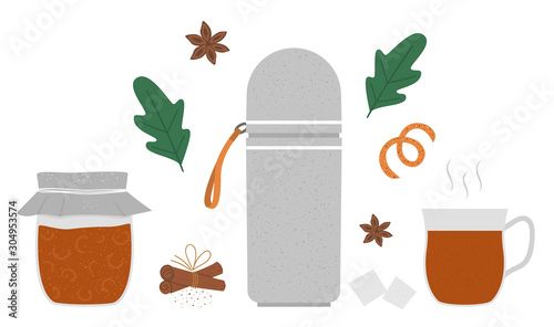 Vector tea set isolated on white background. Winter traditional warming drink illustration. Holiday hot beverage with sugar, anise, thermos bottle, jam jar. .