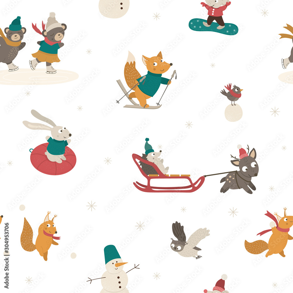 Fototapeta Vector seamless pattern with cute woodland animals doing winter activities. Funny forest characters repeating background. .