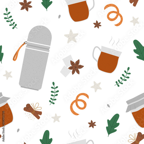 Vector tea seamless pattern. Winter traditional warming drink repeating background. Holiday hot beverage with sugar, anise, thermos bottle, jam jar texture. .