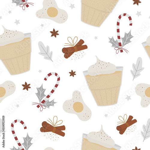 Vector egg nog seamless pattern. Winter traditional warming drink repeating background. Holiday hot beverage with egg, anise, cinnamon.