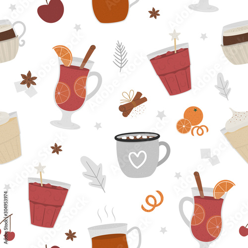 Vector seamless pattern with winter traditional warming drinks. Repeating background with holiday hot beverages, spices, fruit.