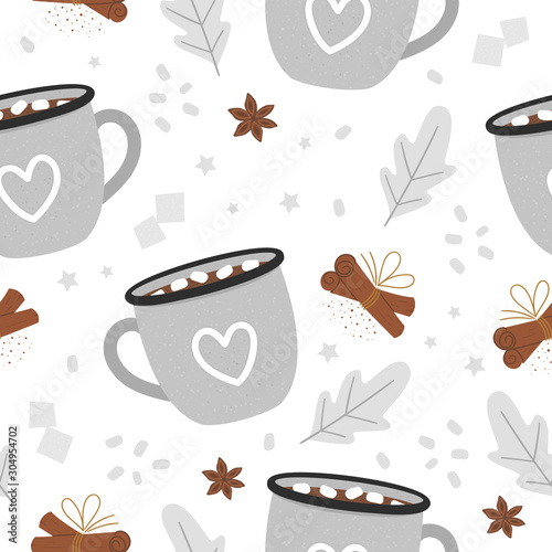 Vector cacao seamless pattern. Winter traditional warming drink repeating background. Holiday hot beverage with sugar, marshmallow, cinnamon.