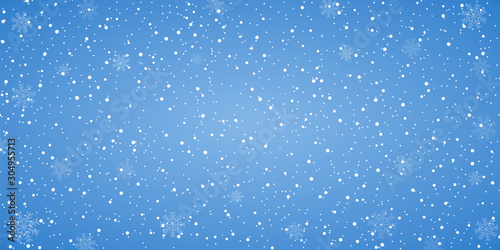 Snow blue background. Christmas snowy winter design. White falling snowflakes, abstract landscape. Cold weather effect. Magic nature fantasy snowfall texture decoration Vector illustration