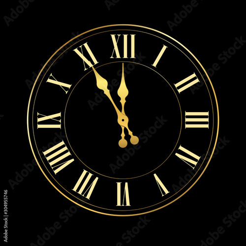 Happy New year 2020. Gold clock, arrows, isolated on black background. Golden design holiday banner, Christmas celebration party, header poster. Template decoration card. Vector illustration