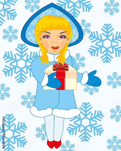 Symbol of the winter holiday snow maiden on background snowflake