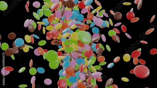 Sweets or candy bursting to fill the screen / falling down in slow motion - 3D render