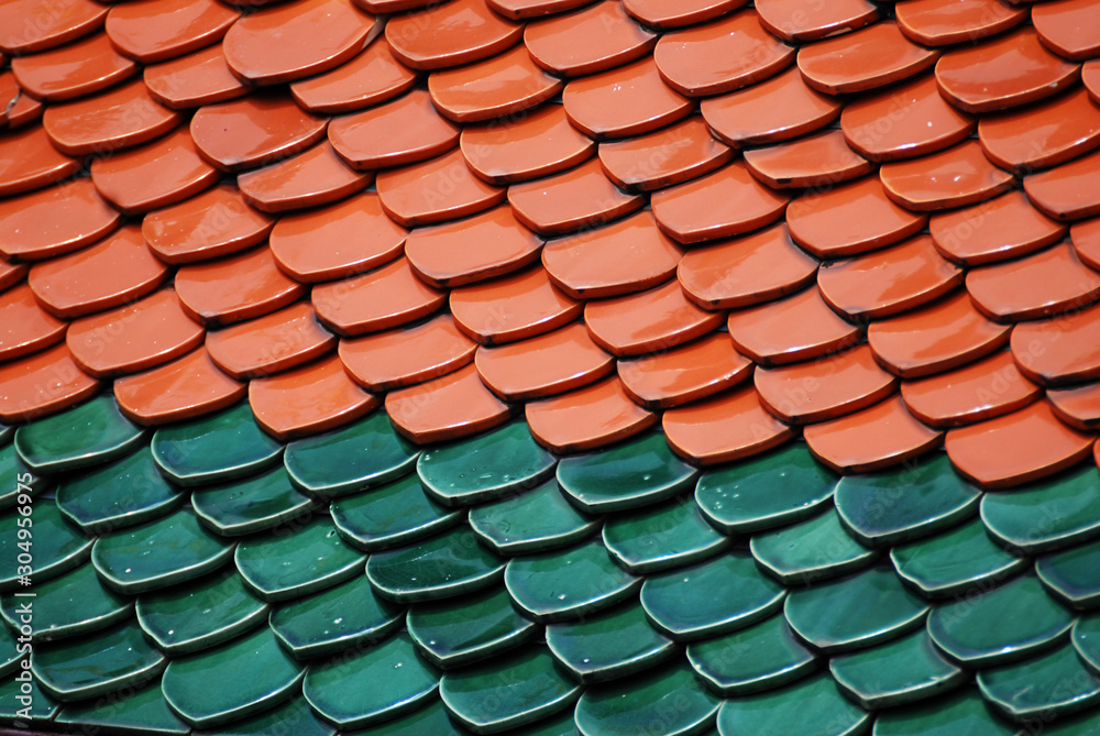 Abstract scene of Brown and green earthenware tiles or calls tiles consists of fish scales on the roof of temple bangkok thailand Abstract scene of Brown and green earthenware tiles or calls tiles consists of fish scales on the roof of temple bangkok thailand