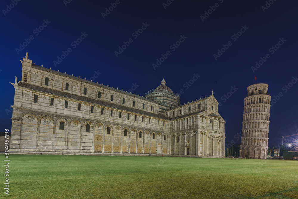 Night view of the Leaning Tower of Pisa and Pisa Cathedral on Square of Miracles