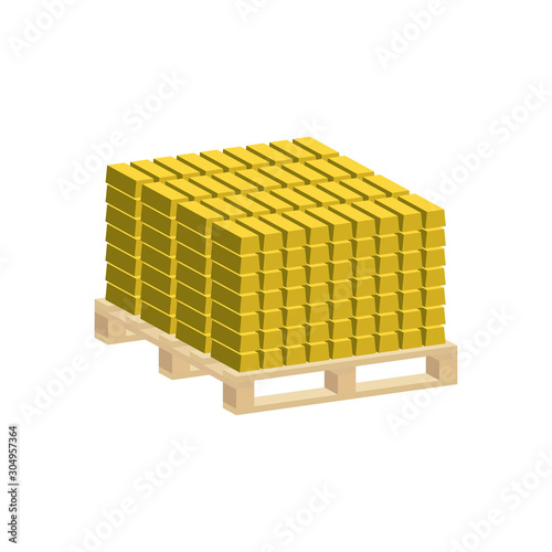 Gold bars folded on pallet.3d  vector illustration and isometric view.