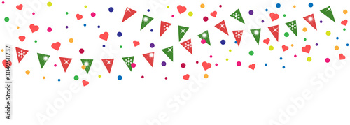 Set of carnival party flags, confetti and red heart decoration.