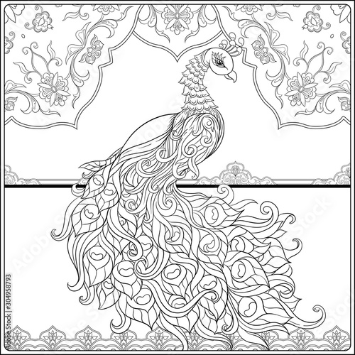 Peacock and eastern ethnic motif, traditional muslim ornament. Coloring page for the adult coloring book. Outline hand drawing vector illustration..