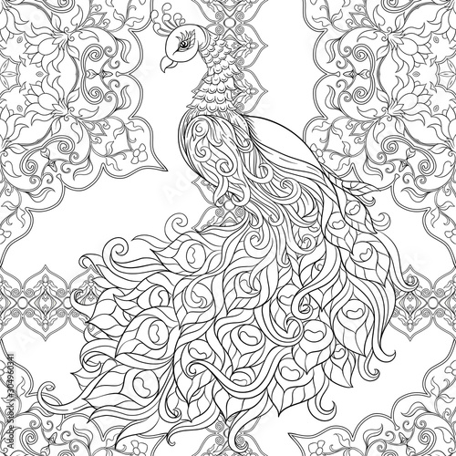 Peacock bird seamless pattern, background. Outline hand drawing vector illustration. Coloring page for the adult coloring book.