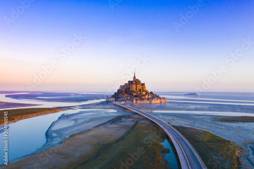 Aerial view of Panoramic view with sunset sky scene at Mont-Saint-Michel, Normandy, France
