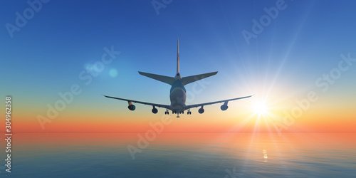 airplane in sunset sky, 3d rendering