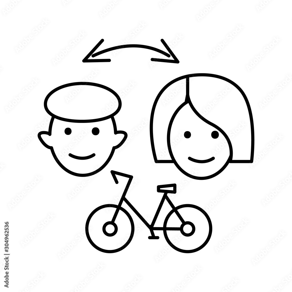 Bike rental and sharing. The concept of changing the owner of a public bicycle in a mobile car sharing service. Woman and man with arrows back and forth. Outline share bicycle vector icon for web Bike rental and sharing. The concept of changing the owner of a public bicycle in a mobile car sharing service. Woman and man with arrows back and forth. Outline share bicycle vector icon for web