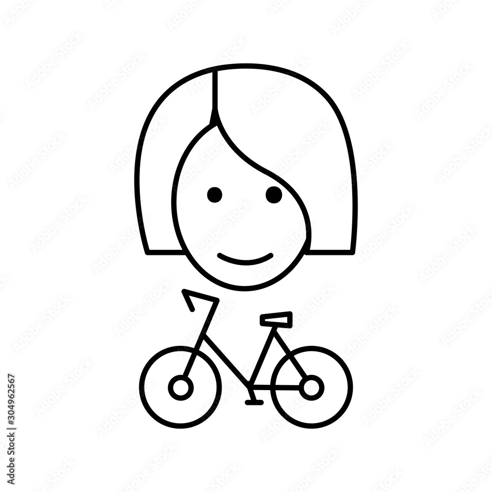 Bicycle rental and sharing. Bicycle and girl. Female client of a public bike in a car sharing mobile service. Editable stroke outline woman share bicycle vector icon for web design isolated. Bicycle rental and sharing. Bicycle and girl. Female client of a public bike in a car sharing mobile service. Editable stroke outline woman share bicycle vector icon for web design isolated.